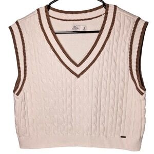 Hollister Womens Chunky Cropped Cable Knit Sweater Vest White Brown Trim VNeck M